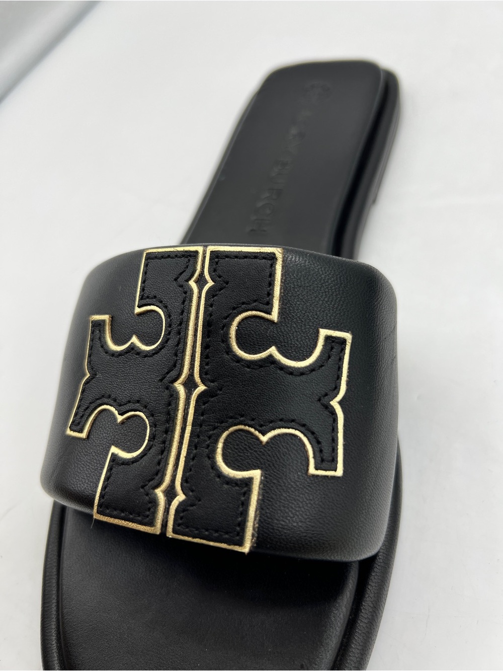 Tory Burch Double T Sport Slide Black Gold Leather Sandals Size 11 - Picture 5 of 15